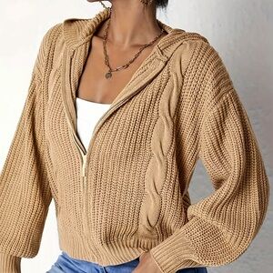 Women's Zip-Up Hooded Cardigan Beige/ Golden